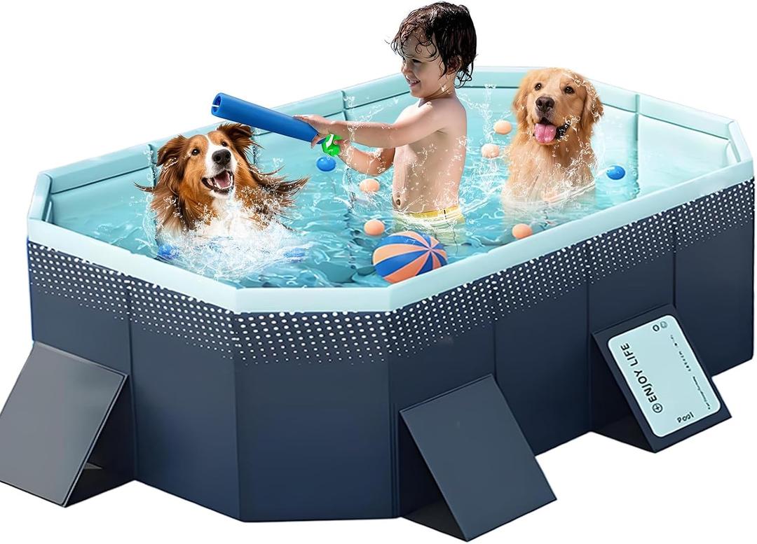 Large Foldable Swimming Kiddie Pool 83" L x 55" W x 22" H Hard Plastic Square Pool for Kids & Dogs, Reinforced Sidewalls for Backyard Use Blue, 83"×55"×22"