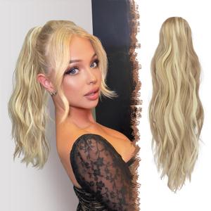 FESHFEN Ponytail Extensions, Long Claw Clip in Ponytail Hairpiece Synthetic Pony Tails Hair Piece Natural Wavy Hairpieces for Women, 20 inch Dirty Blonde