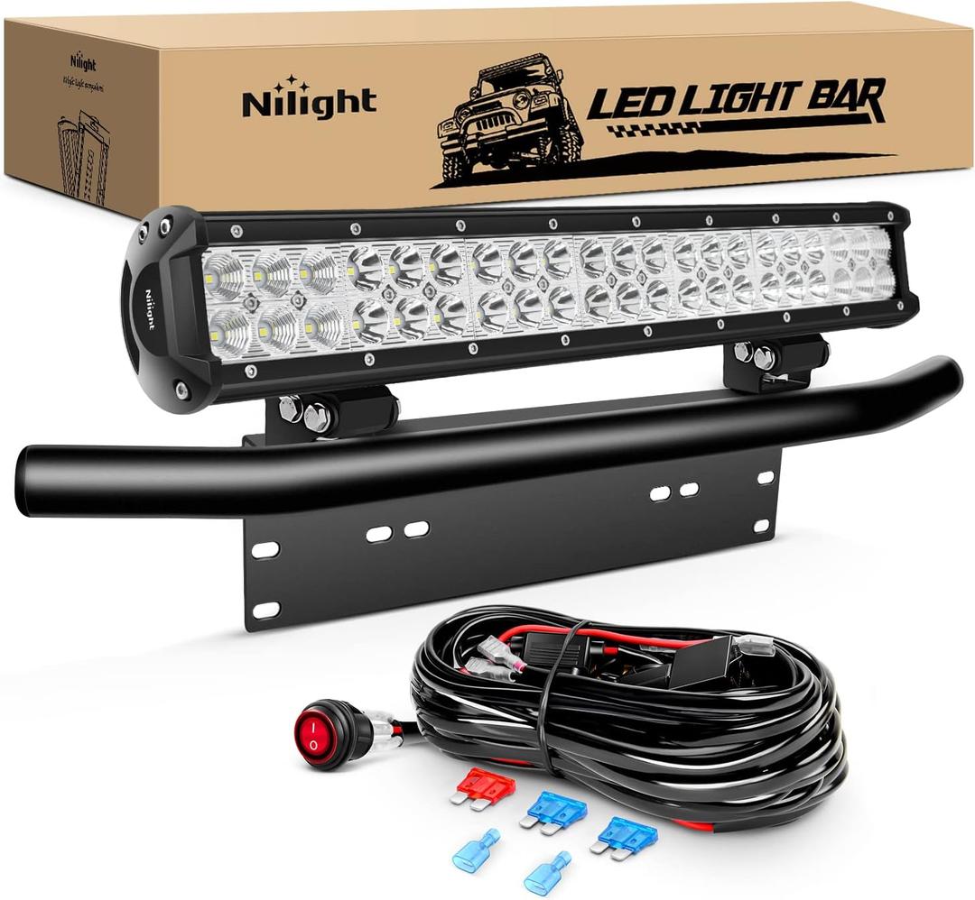 Nilight 20Inch 126W LED Light Bar Spot Flood Combo Driving Off Road with Front License Plate Mounting Bracket Wiring Harness for Trucks Pickup Car SUV ATV UTV 4x4 Van Camper