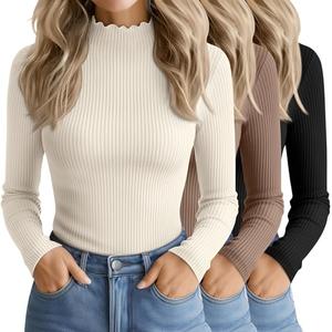 Oakgarden 3 Pack Women's Cotton Long Sleeve Mock Turtleneck Tops Ribbed Lettuce Trim Slim Fit Shirts Thermal Base Layer(Black, Khaki, Cream,Medium)