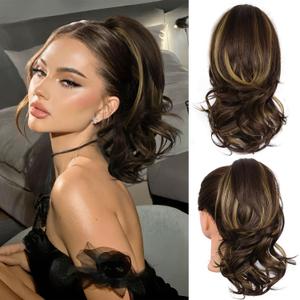 14 Inch Ponytail Extension - Soft Wavy Pony Tails Hair Extensions, Claw Clip Ponytail Extension, Synthetic Hair Extensions Ponytail, Clip in Ponytail (Color: Brown with Blonde Highlights)