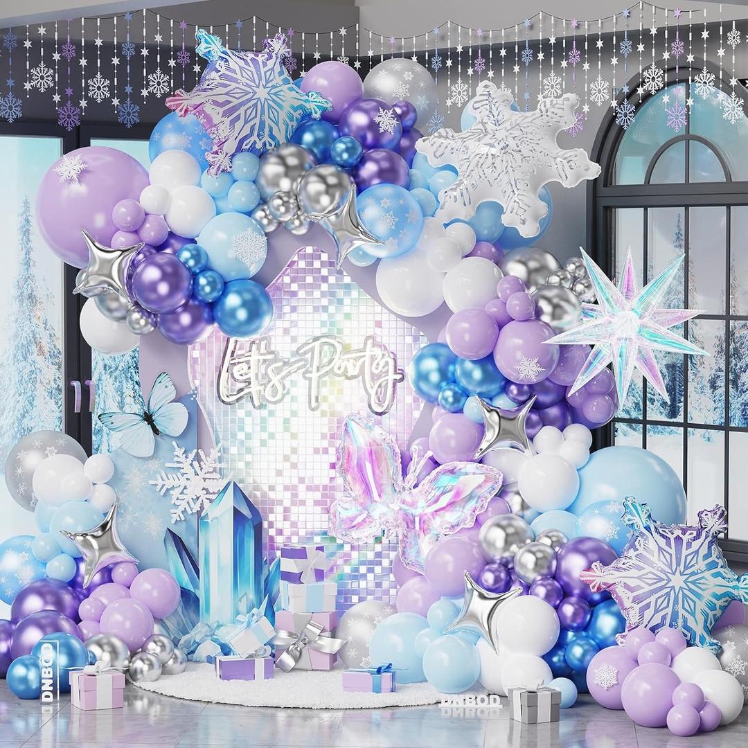 Winter Wonderland Balloon Arch Kit,160Pcs Blue Purple Silver Balloon Garland with Snowflake,Iridescent Explosion Star,Butterfly Foil Balloons for Winter Snow Princess Frozen Birthday Party Decoration