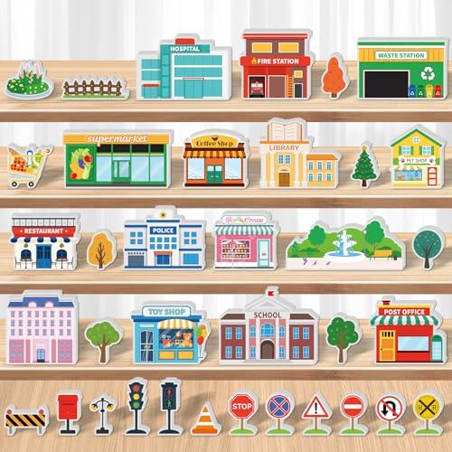 Kathfly 36 Pcs Wooden Community Helpers Community Wooden Toy Preschool Little Professionals Buildings Block Set Multicultural Buildings, Creative Play for Social Learning Educational Model