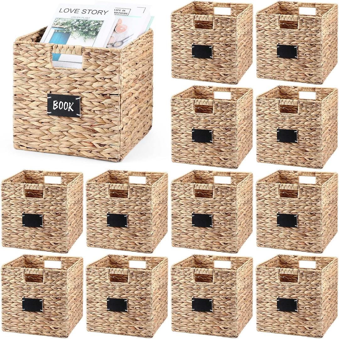 Jinei 12 Pcs Wicker Storage Basket Bulk, 10 x 10 x 10 Inch Handwoven Hyacinth Folding Cube Bin with Handles Labels for Shelves Pantry Laundry Organization