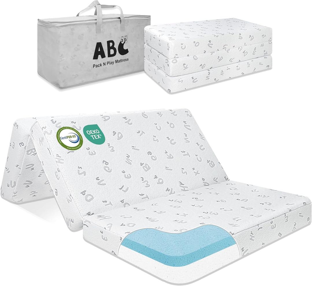 Pack and Play Mattress Trifold- 38"x26" Pack N Play Mattresses Pad with Breathable Removable Cover - Dual-Sided Memory Foam Foldable Portable Travel Baby Crib Mattress (Grey)