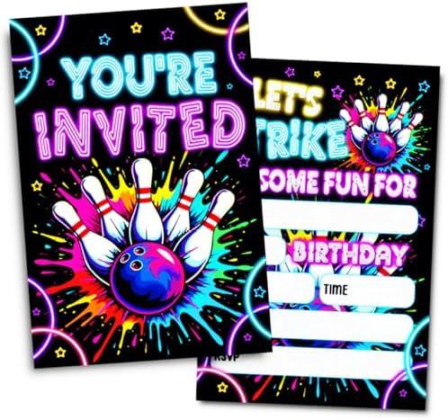 Set of 2 Pack, Neon Bowling Birthday Party Invitations, Bowling Party Invitations Card for Boys Girls (30 Cards & 30 Envelopes)
