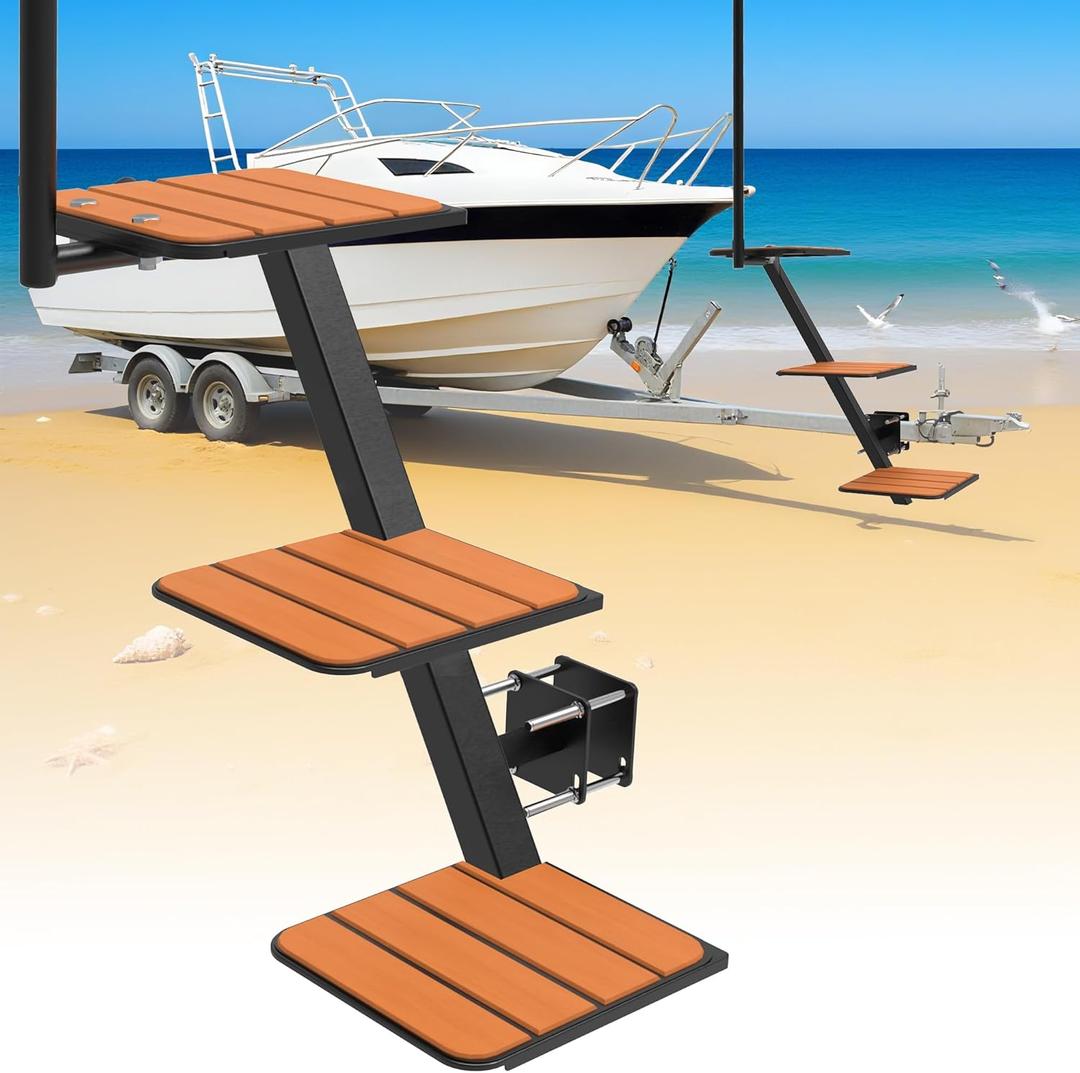 Boat Trailer Steps with Safety Handle - Heavy Duty Non-Slip Steps for Bass, Pontoon & Jon Boats - Easy Boarding, Adjustable & Secure Fit (with Safety Handle, Black, 3 Steps)