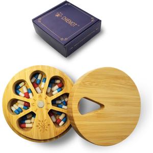 Bamboo Wood Weekly Pill Organizer for Medicine Vitamin Supplement, Arthritis Friendly 7-Day Pill Box Medium Container Holder, Daily Portable Travel Pill Case Keeper Dispenser