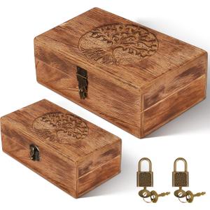 Vicenpal 2 Wooden Tree Keepsake Boxes with Lock, (8x5x3.2 inch & 7x3.7x2.8 inch), Handmade Decorative Treasure Chest Box, Gift Ideas for Men & Women Jewelry Rings Storage (Dark Color)