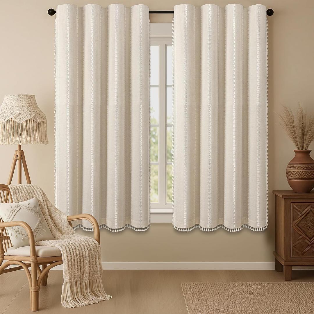Boho Blackout Curtains 63 Inches Long Beige Linen Blend 2 Panels with Tassels and Cotton Embroidery, Farmhouse Vintage Rustic Rod Pocket Drapes for Living Room or Bedroom