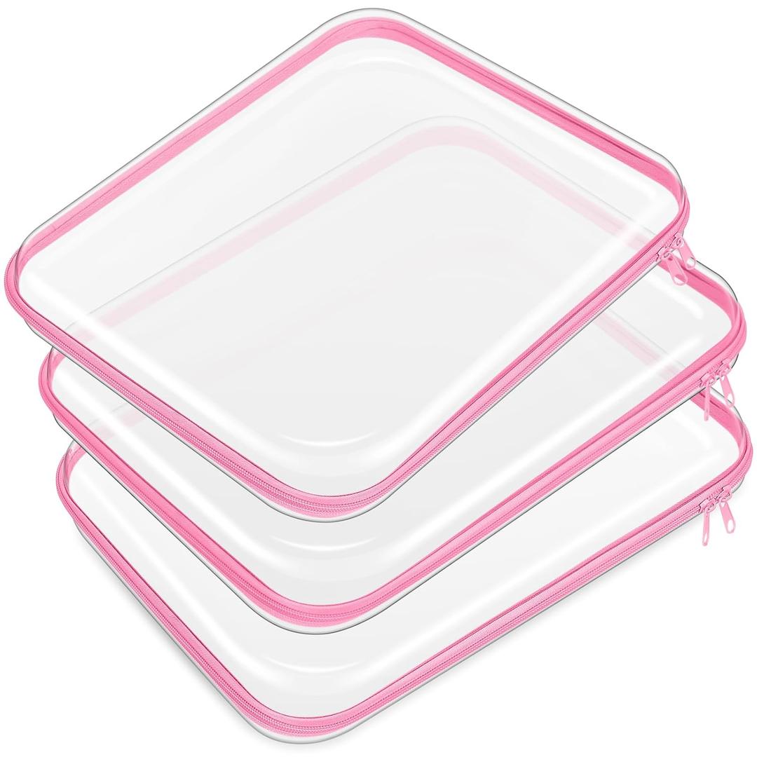 Hoolerry 3 Pcs Clear Hard Zipper Case Hard Plastic Zipper Pouch Makeup Bag Portable Travel Organizer for Cosmetics, Office Supplies, Documents & Toiletries (Pink, L)