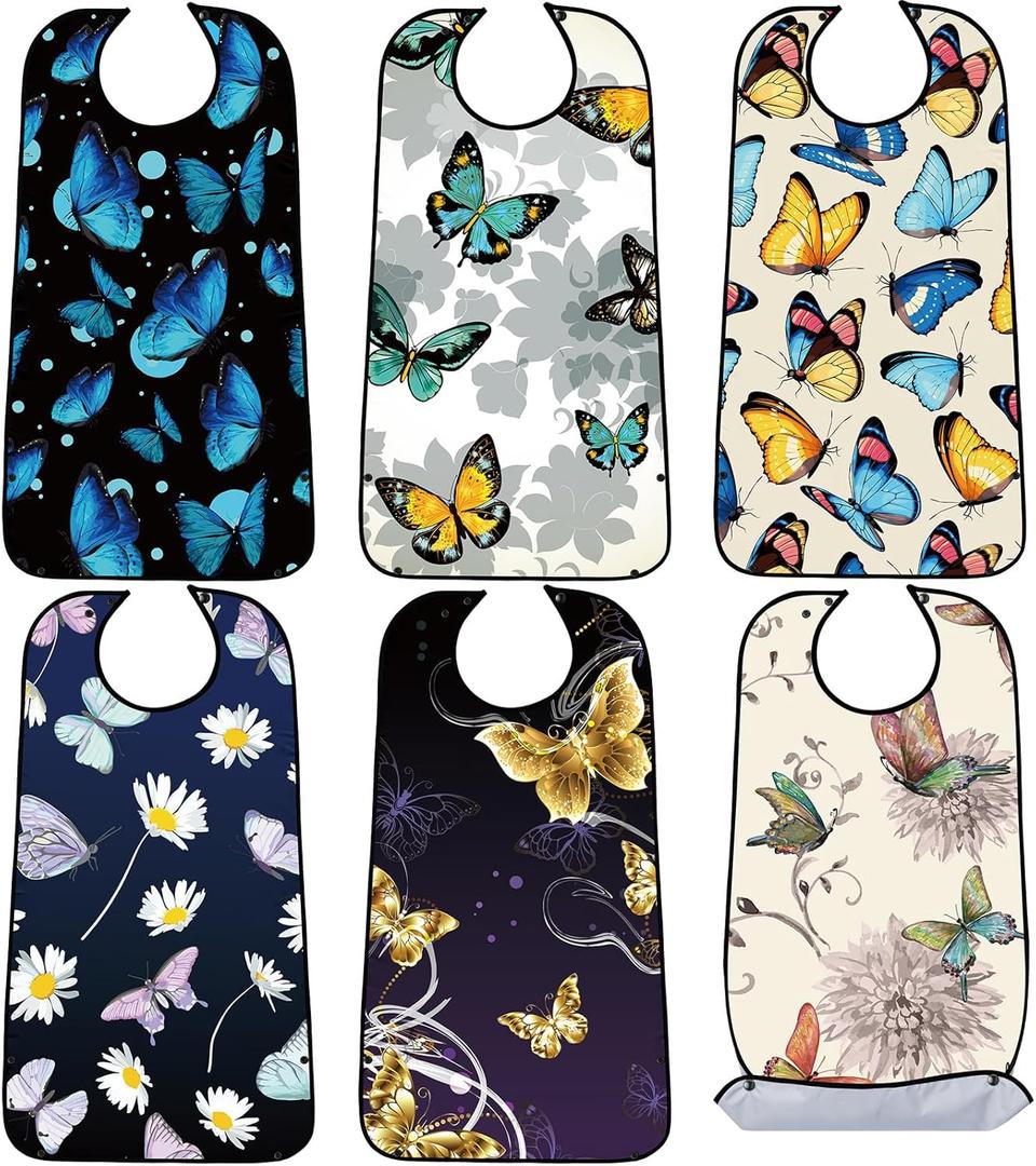 SATINIOR 6 Pieces Adult Bibs for Women Washable Reusable Clothing Protector with Crumb Catcher Beautiful Pattern Bibs (Butterfly Style)