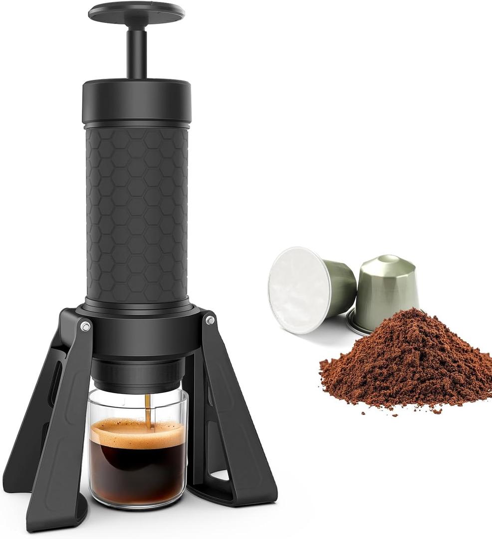 Manual Espresso Machine, 15 Bar Portable Coffee Maker for Ground Coffee and NS Capsules, 4-in-1 Brewing for Espresso Drip Cold Brew, Foldable for Travel Camping Office