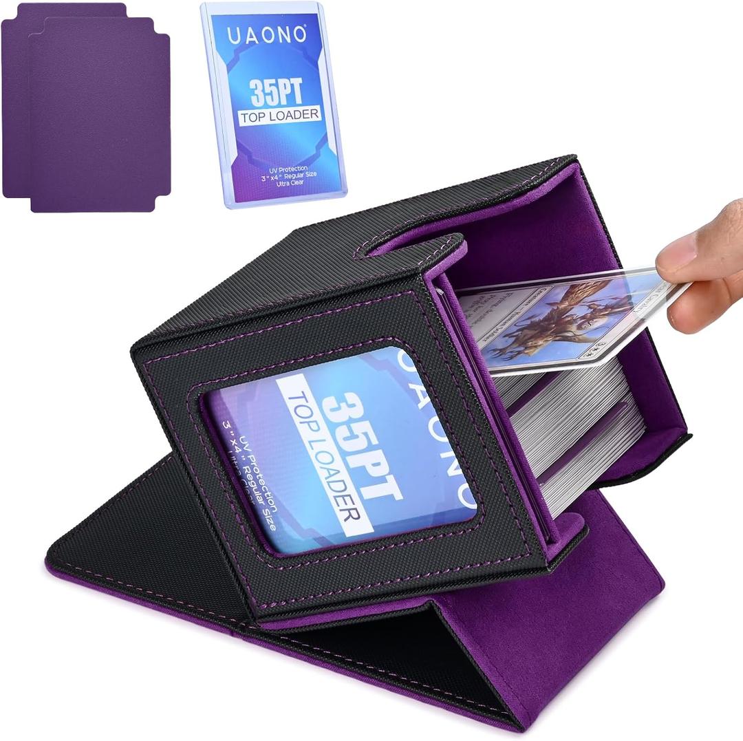 UAONO Card Deck Box with MTG Commander Display, Deck Case Holds 100+ Double-Sleeved Cards, Trading Card Storage Box Fits TCG/PTCG/Sports Card with 2 Dividers, 1 Top Loaders (Black, Purple)