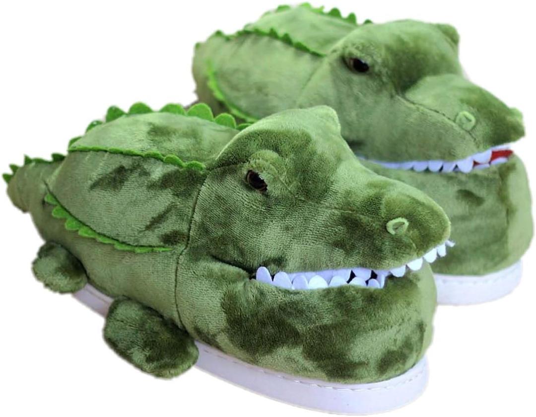 Adult Unisex Winter Warm Plush Animal Slippers,Soft Cozy Animal Styling Design Short Flannel Home Shoes,Animal Shaped Plush Booties,Carpet Slippers,Non-Slip Bedroom Shoes (9-12 Wide Women/9-12 Wide Men, Crocodile)