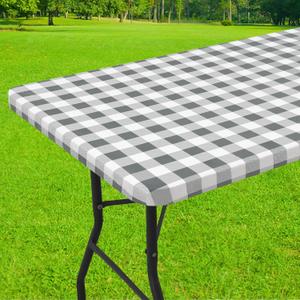 Smiry Rectangle Picnic Table Cloth, Elastic Waterproof Fitted Vinyl Tablecloths, Flannel Backed Buffalo Plaid Table Covers for Dining, Camping, Outdoor (White and Grey, 30" x 60")
