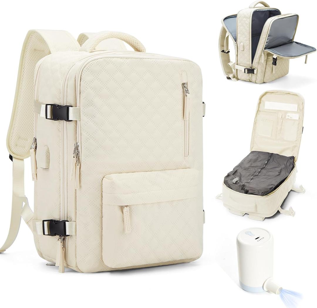 suwasp Vacuum Backpack Travel with Pump, Travel Backpack for Women Men, Vacuum Compression Bags with Laptop Compartment/Shoe Compartment, Personal Item Carry On Backpacks Flight Approved, Beige (Medium)