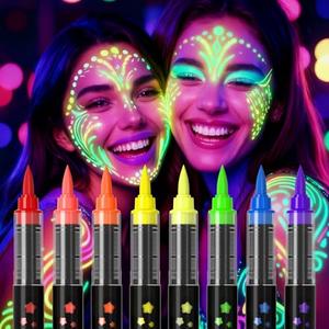 INAFKDPONR 8-Color Luminous Body Painting, UV Neon Face Painting Pen, Luminous Face Painting Kit, Washable Skin Tattoo Pen, Halloween Party Makeup (8 Colors)