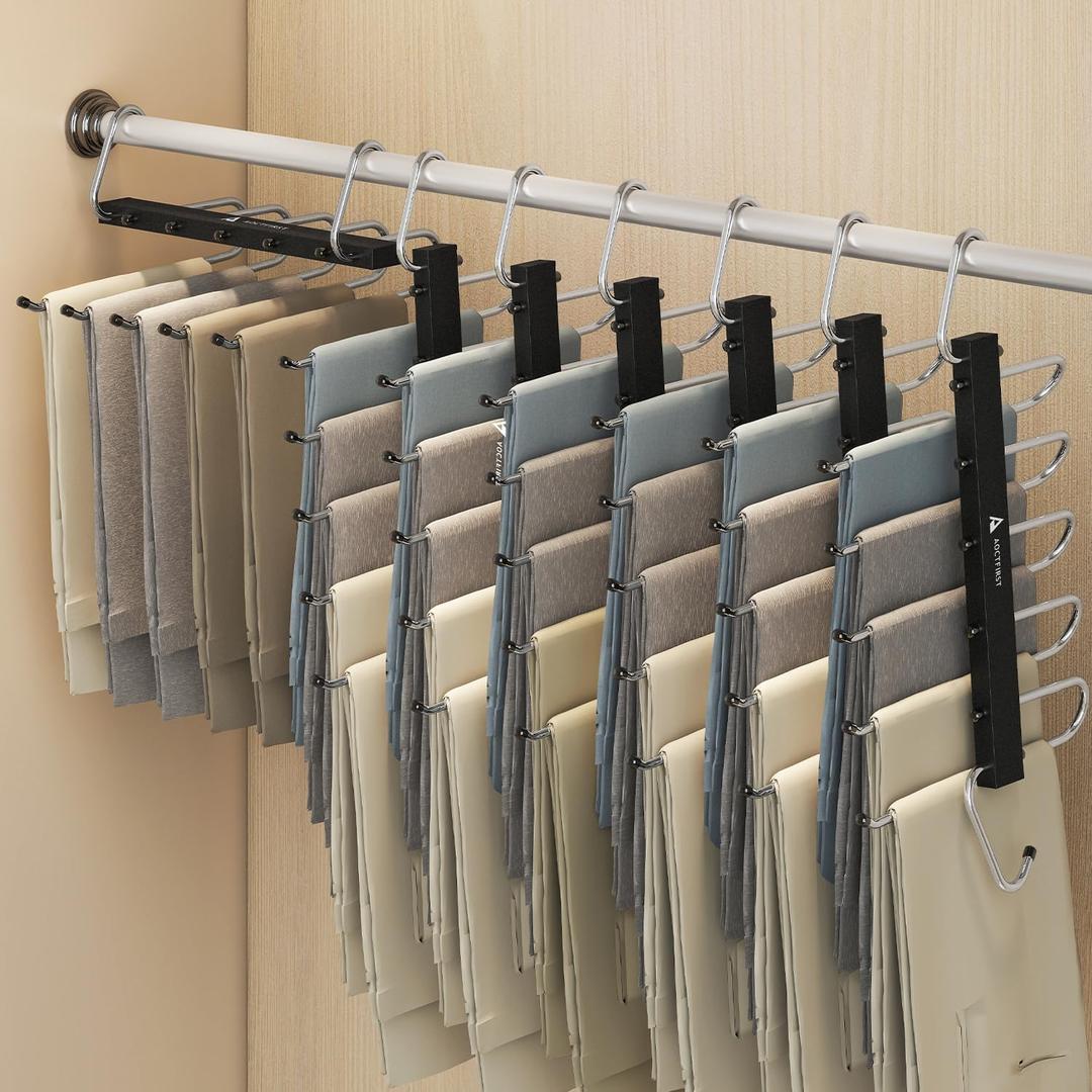 Closet Organizer Hangers Space Saving 6 Pack - 5-Tier Pants Hanger for Jeans, Shorts & Skirts | Vertical Storage Solution | Heavy Duty Black Finish