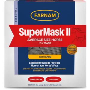 Farnam SuperMask II horse fly mask with ears, extended coverage, protects eyes from insects and debris, adjustable throat latch