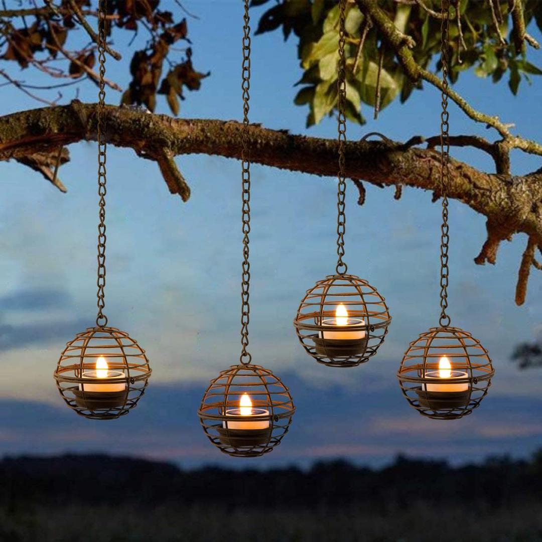 Solar Hanging Lanterns Outdoor Waterproof, Rust Iron Ball Candle Holder with Flickering Solar Powered Tea Lights, Perfect Chargeable Solar Lights for Backyard Patio Garden Fence Tree Decoration 4Pack Amber