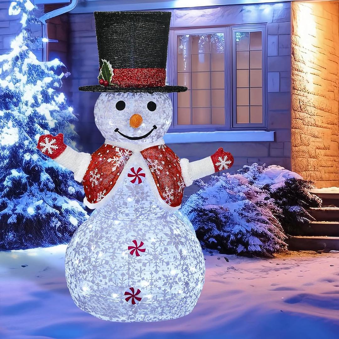 42-inch Snowman Outdoor Christmas Decoration, Lighted Collapsible Snowman with Red Scarf and Vest and Top Hat, Pre-Lit Pop Up Snowman for Outside/Indoor Yard -3FT
