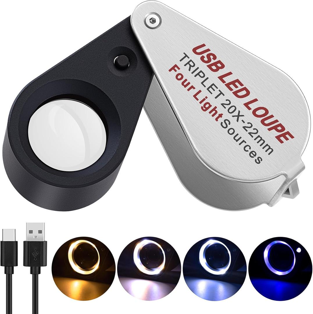 20X Jewelers Loupe, Pocket Magnifier with Led/UV Light, Rechargeable Magnifying Glass Folding Jewelers Eye Loop for Jewelry, Gemstone, Diamond, Coin, Stamp, Antique Identifying