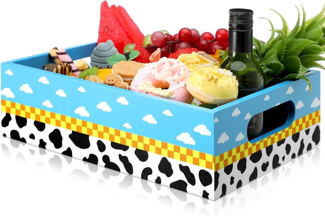 Cartoon Birthday Party Supplies Blue Sky White Clouds Theme Wooden Snack Tray Toy Party Baby Shower Supplies Reusable Snack Organizer with Handles for Decorations