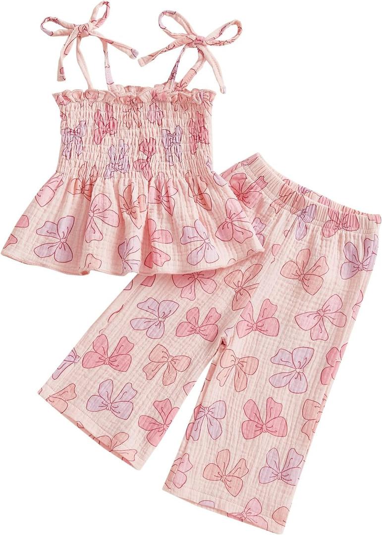 VISGOGO Toddler Baby Girl Outfits Sleeveless Smocked Strap Camisole Linen Pants Bow Baby Summer Clothes (4-5T)