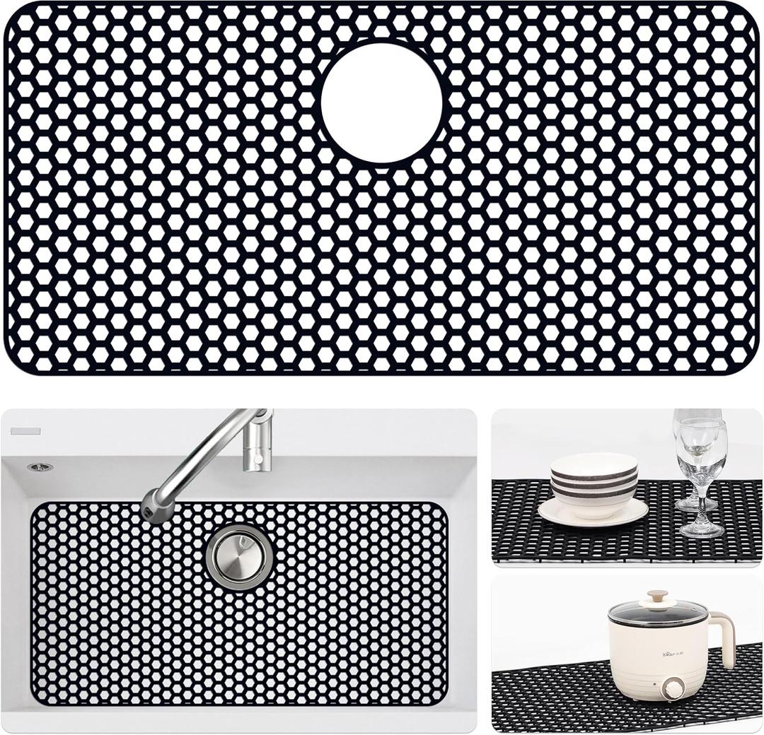 Bestjing Silicone Sink Protectors for Kitchen Sink with Rear Drain - 28.3"x 15.7" Kitchen Protector Accessory, Non-Slip Heat Resistan Mat for Bottom of Farmhouse Stainless Steel (Rear Hole, Black)