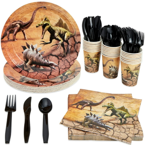 44 Piece Jurassic Dinosaur Birthday Party Supplies with Dino Plates, Knives, Spoons, Forks, Cups, and Napkins (Serves 24)