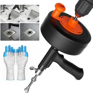 25FT Heavy Duty Drain Auger, Professional Plumbing Snake with Drill Adapter, Manual & Powered Clog Remover for Kitchen, Bathroom, Shower Sink & Bathtub, Flexible Pipe Snake Cleaner with Gloves
