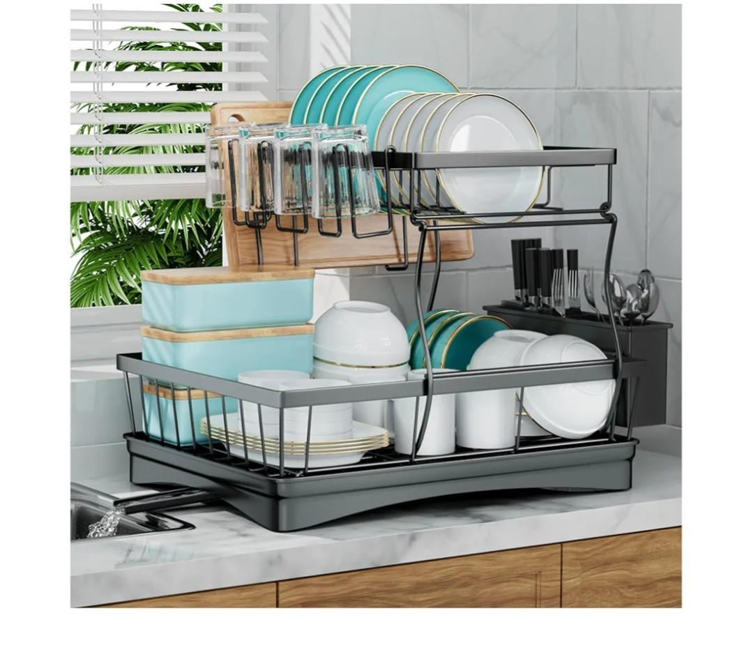 7 code Large Dish Drying Rack for Kitchen Counter, Detachable Large Capacity Dish Drainer Organizer, 2Tier Dish Racks with Utensil Holder, Black