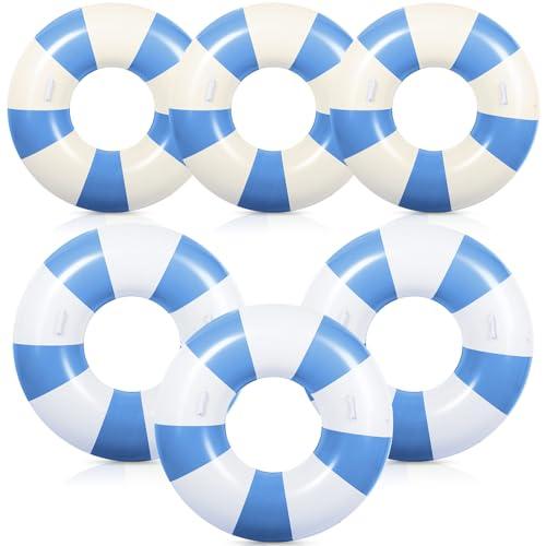 6 Pcs Large Swim Ring with Handles 47.24 Inch 35.43 Inch Inflatable Striped Pool Inner Tubes Swimming Pool Ring Float for Teens Adults Summer Beach Party Supplies(Blue White)
