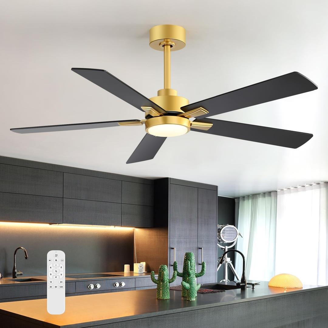 Ceiling Fans with LED Lights, 52 Inch 5-Blade Ceiling Fan Remote Control, Industrial Ceiling Fan with Reversible DC Motor, Downrod Mount LED Ceiling Light Chandelier for Bedroom (Gold & Black)