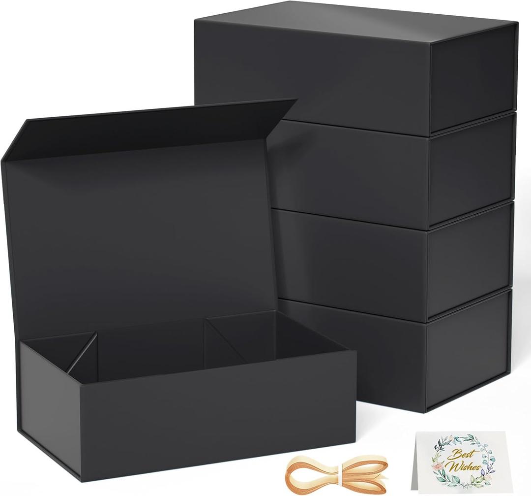 RYDDOY 5 Pack Black Gift Box, 9.5x6x3'' Gift boxes for Presents with Lids Magnetic Closure Rectangle Collapsible for Groomsman Proposal Box, Wedding, Christmas, Halloween, Birthday Gift Packaging
