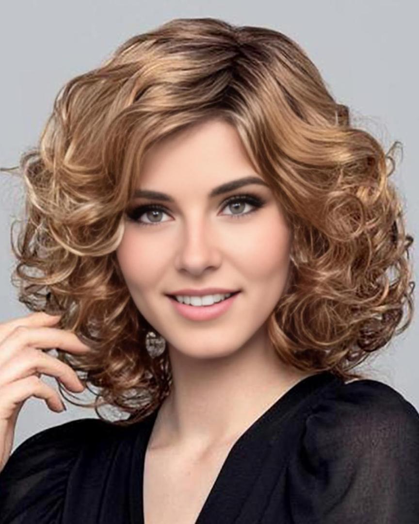 RENERSHOW Blonde Highlight Short Curly Wigs for White Women Ombre Blonde Bob Wavy Wig with Dark Roots Heat Synthetic Chin Length Wavy Easy Style Daily Party Wig
