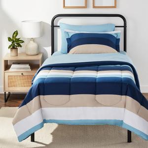 Amazon Basics 5-Piece Lightweight Microfiber Comforter Bedding Set with Sheet, Twin XL, Blue Stripe, Bed-in-a-Bag