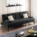 Shintenchi Futon Sofa Bed, Velvet Foldable Couch Reclining Sleeper w/Removable Armrests, Upholstered Loveseat w/Folding Cup Holders for Home, Office, Black, 64 inches x 17.7 inches x 24.8 inches