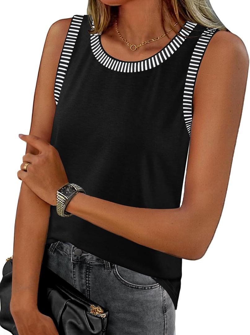 MEROKEETY Womens Tank Tops 2026 Summer Casual Sleeveless Crew Neck Basic T Shirts Beach Striped Color Block Clothes Black Large