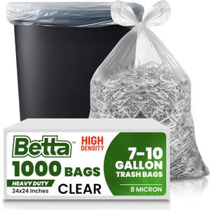 Betta 8-10 Gallon Medium Trash Bags, Clear, 1000 Count Box, (24x24-inch) Commercial Office Wastebasket Garbage Can Liners, 7-10 Gallon Round Cans, 6-8 Gallon Slim and Square Cans