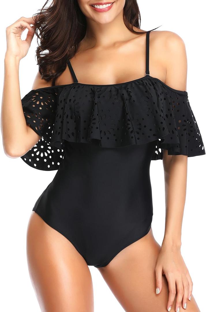 Tempt Me Women One Piece Off Shoulder Lace Swimsuits Ruffle Flounce Hollow Bathing Suits (X-Small, Black)