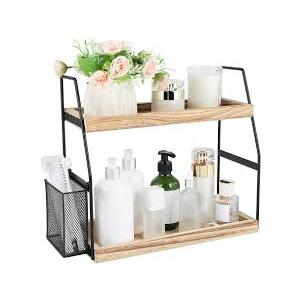 2 Tier Bathroom Counter Organizer with Drawer & Basket, Wooden Vanity Tray Countertop Shelf Accessories for Makeup Storage, Coffee Bar Station, Perfume Skincare, Kitchen, Bedroom (White)