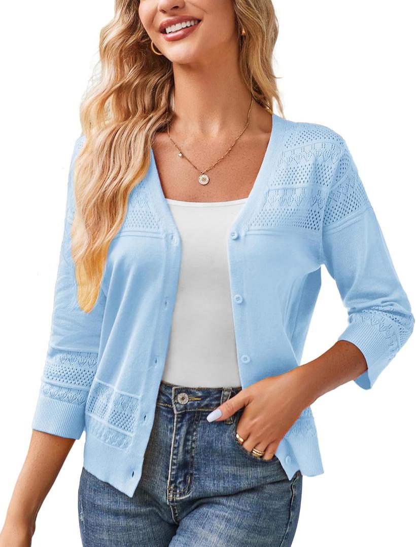 GRACE KARIN Women's 2025 Cropped Cardigan 3/4 Sleeve Lightweight Crochet Shrug Hollowed-Out Knit Sweater Tops (Blue, S)