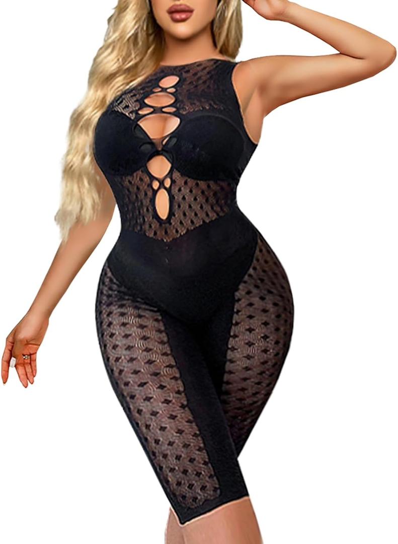 Buitifo Woman Nylon Lingerie Bodysuit Fishnet Bodystocking Sexy Tights Rave Outfits(BlackV,M) (Black)