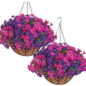 KHOYIME Artificial Hanging Flowers Plants Basket for Outdoors Indoor, 2 Set Faux Silk Purple Fuchsia Morning Glory Fake Eucalyptus Planters UV Resistant Spring Summer for Decor Home Garden Porch Patio