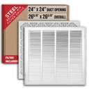 Fits 24x24 Duct Opening | Filter Included Steel Return Air Filter Grille by Handua [Removable Door] | Vent Cover Filter Grill | White | Outer Dimensions: 26 5/8"W X 26 5/8"H