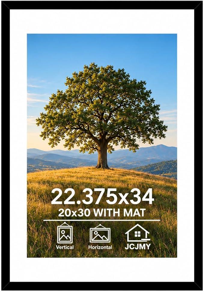 JCJMY 22.375x34 Picture Frame with 20x30 Mat Set of 3, Display Photo 20x30 with Mat or 22.375 x 34 Without Mat, Wall Hanging Large 22.375 by 34 Poster Frame with Plexiglass, 1Pack, Black