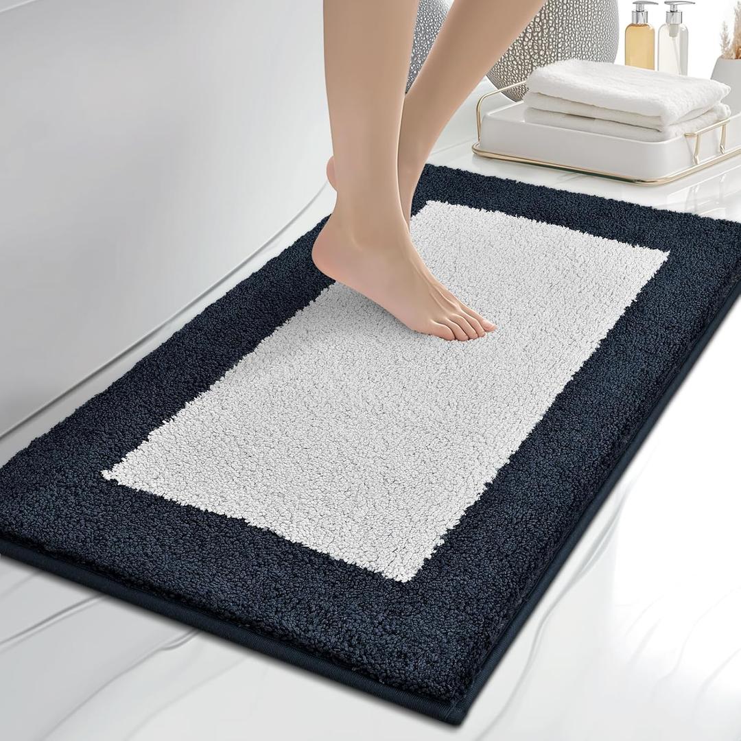 anllugs Bathroom Rugs 20" x 30", Non-Slip Extra Soft Absorbent Bath Rugs, Machine Washable Quick Dry Bath Mats for Bathroom Floor, Shower, Bathtub and Sink, Navy Blue & White