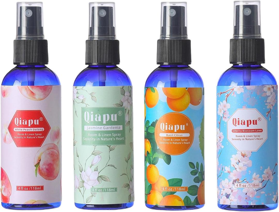 Natural Bedroom Linen Spray Scented Room Mist with Plant Extracts Long Lasting Freshness for Sheets, Pillows & Curtains  4oz 4BottleCherry Blossom + Citrus + White Peach + Gardenia